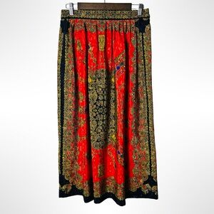 VTG 80s Howard Wolf Baroque Scarf Print Midi Skirt Size 12 Red Black Gold Gothic